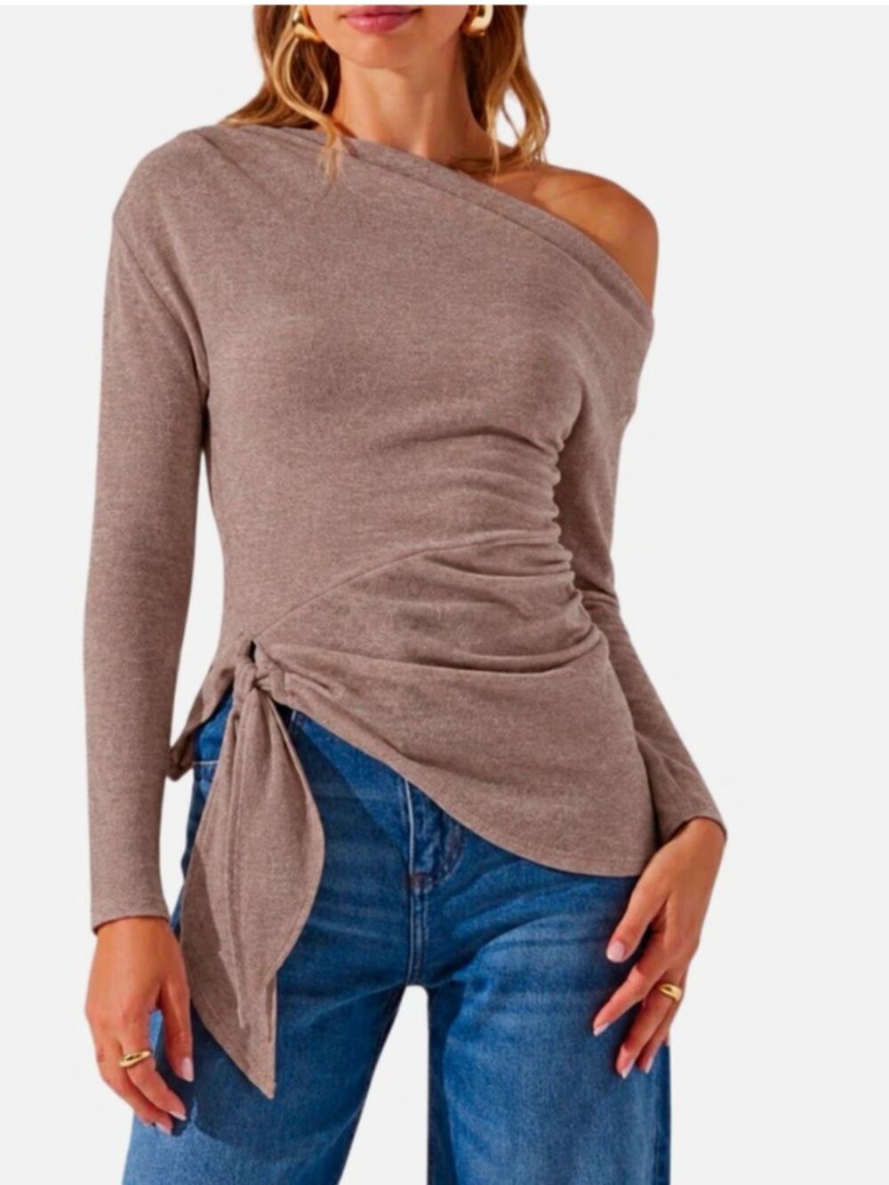 ASTR The Label Cream Off Shoulder Side Tie Draped Top M